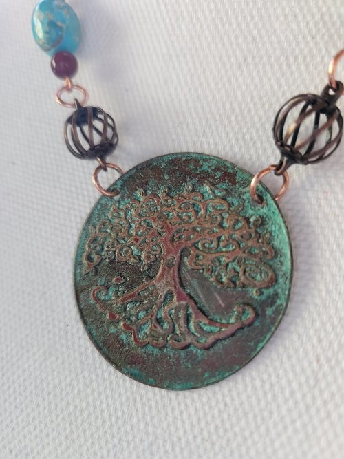 Patinaed Tree of Life with Genuine Turquoise and Carnelian Beads Set