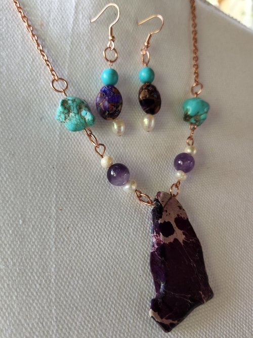 Purple Imperial Jasper Slab with Genuine Amethyst, Howlite, and Freshwater Pearls Set