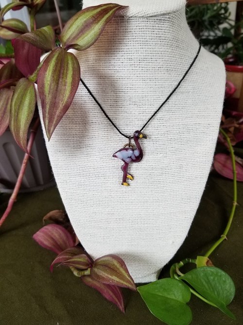 Handmade Flamingo Cloisonne Enameled Pendant - "Ruffled"