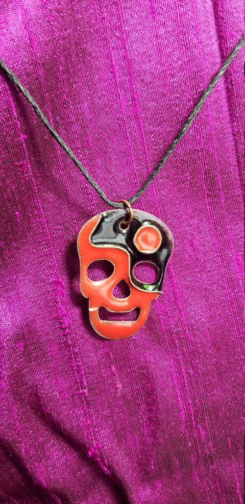 Handmade Skull Cloisonne Enameled Copper Pendant, Halloween, Day of the Dead- "Balance"