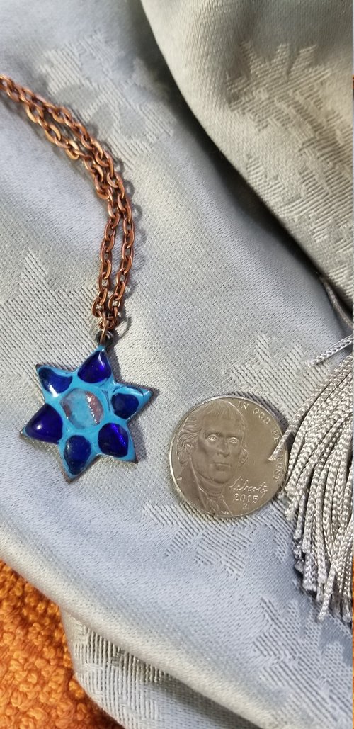 Handmade Star of David Copper Enameled Disk Pendant, Holiday Jewelry, Judaica, Hanukkah
