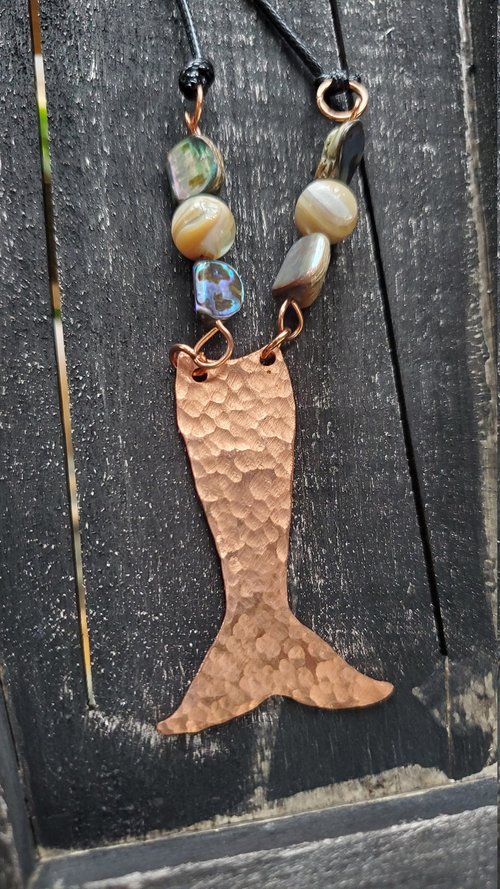 Bright Hammered Mermaid Tail Copper Pendant with Mother of Pearl and Abalone Shell on Black Cord
