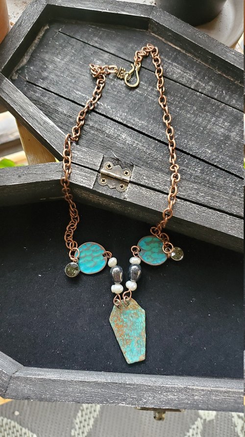 Hammered Green Patina Copper Coffin Necklace with Swarovski Crystals, Pearls, and Czech Glass