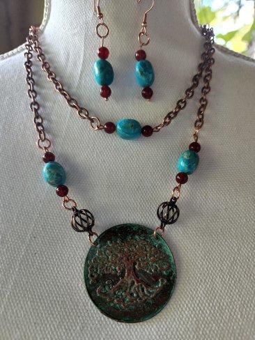 Patinaed Tree of Life with Genuine Turquoise and Carnelian Beads Set