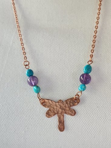 Dragonfly Necklace with Genuine Turquoise and Amethyst Beads