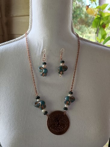 Statement Tree of Life and Czech Glass Elephant Set with Freshwater pearls and Impression Jasper Beads