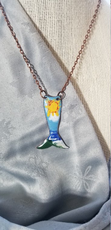 Handmade Mermaid Tail Cloisonne Enameled Pendant - "Beachy Keen"