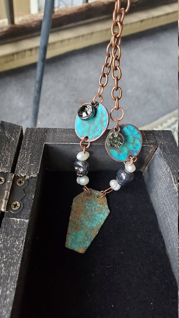 Hammered Green Patina Copper Coffin Necklace with Swarovski Crystals, Pearls, and Czech Glass