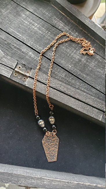 Hammered Oxidized Copper Coffin Pendant with Black Jasper and Czech Glass Skulls
